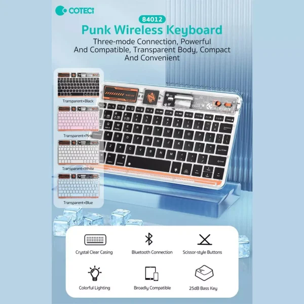 کیبورد بیسیم شفاف کوتسی مدل wireless keyboard transparent 84012