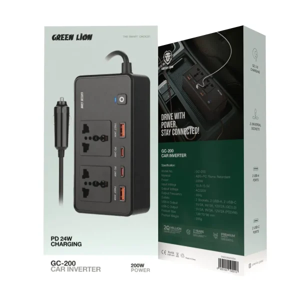 اینورتر و مبدل برق فندکی ماشین 200 وات گرین لاین Green Lion GC-200 Car Inverter